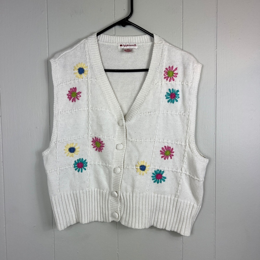 Appleseed's White Floral Embroidered Knit Sweater Vest XL Sleeveless